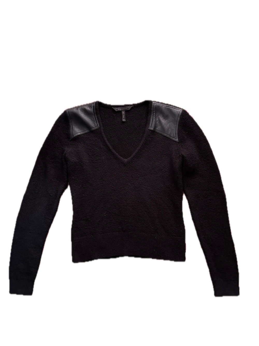 BCBGMaxAzria - Black V-Neck Sweater with Leather Shoulder Panels